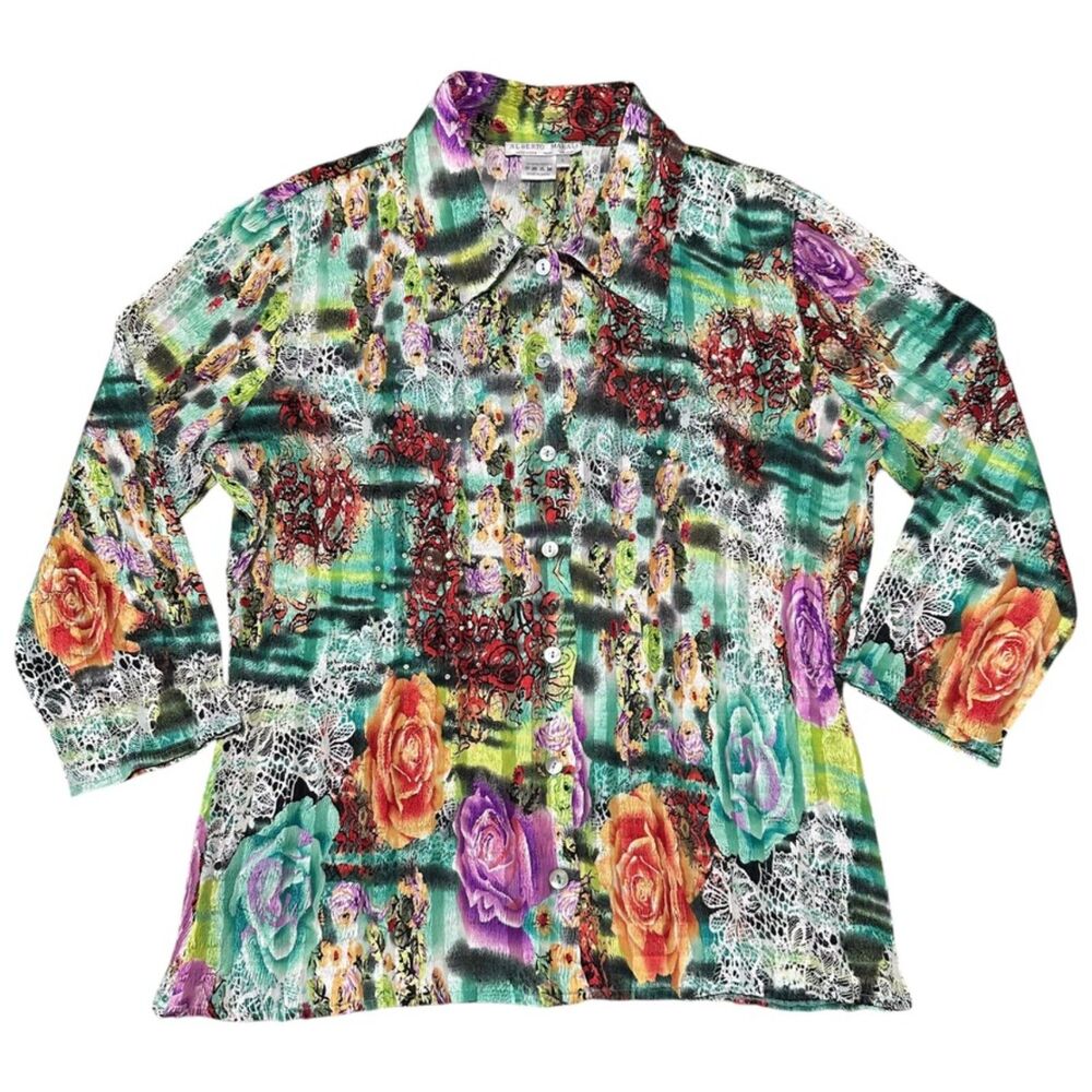 Alberto Makali Multicolor Sequin Stretchy Button Up Blouse, Large